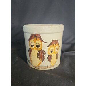 Vintage Crock With Hand Painted 2 Owls Browns 1970's Utensil Holder